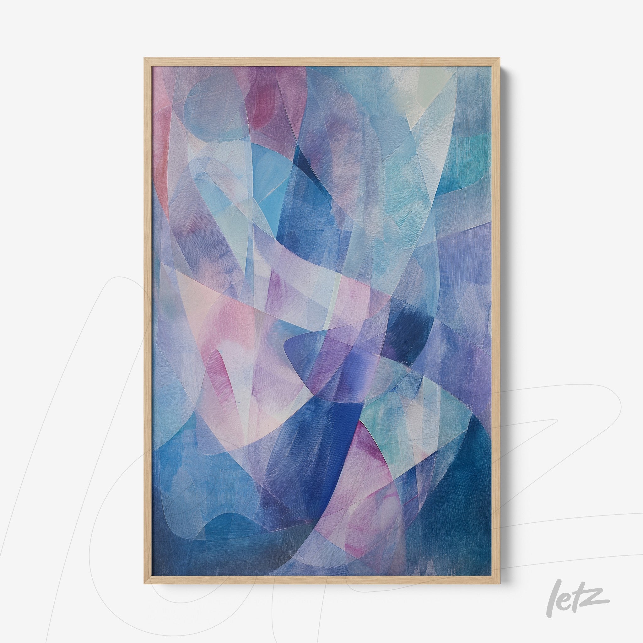 abstract canvas art with fluid shapes in shades of blue and pink, light wood frame