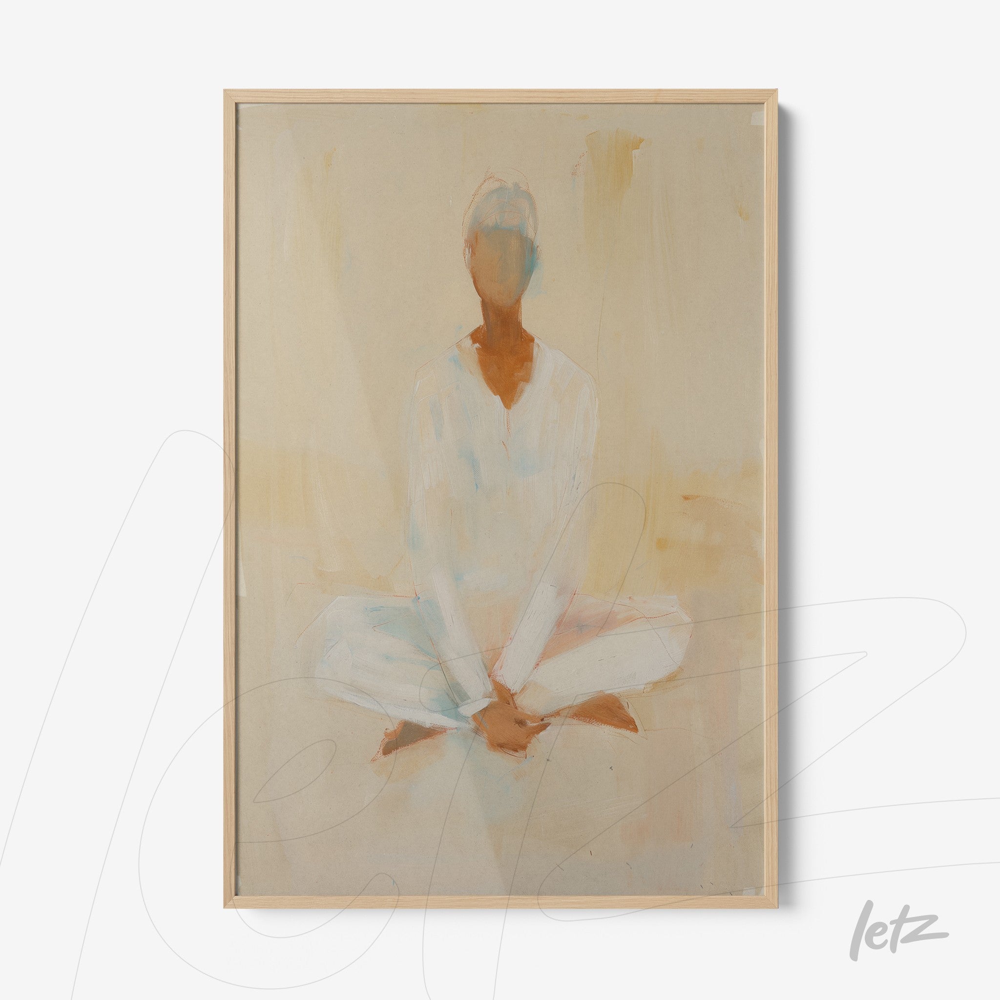 abstract wall art of a meditative figure in soft tones with light wood frame