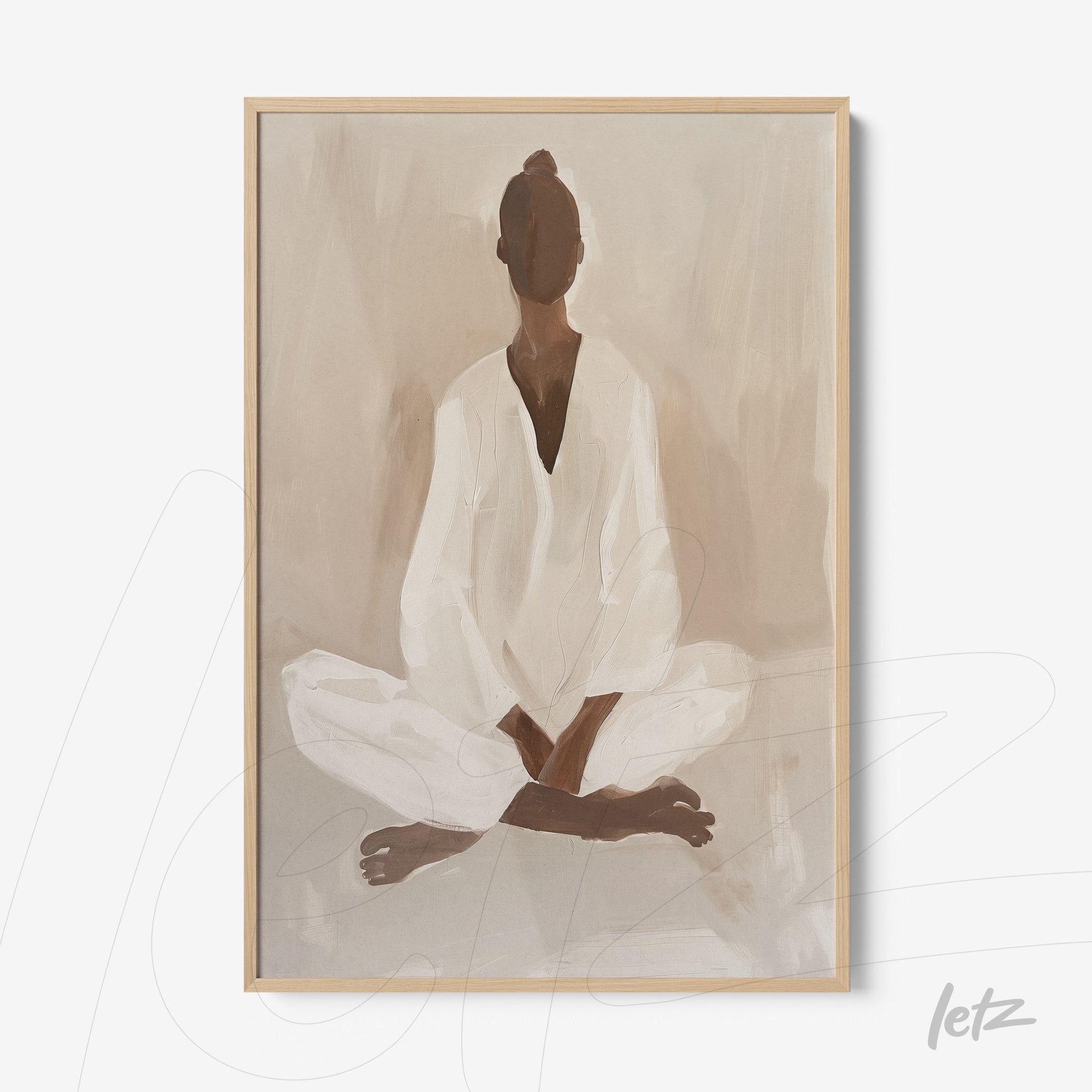 minimalist wall art of a female figure in a meditative pose with light frame