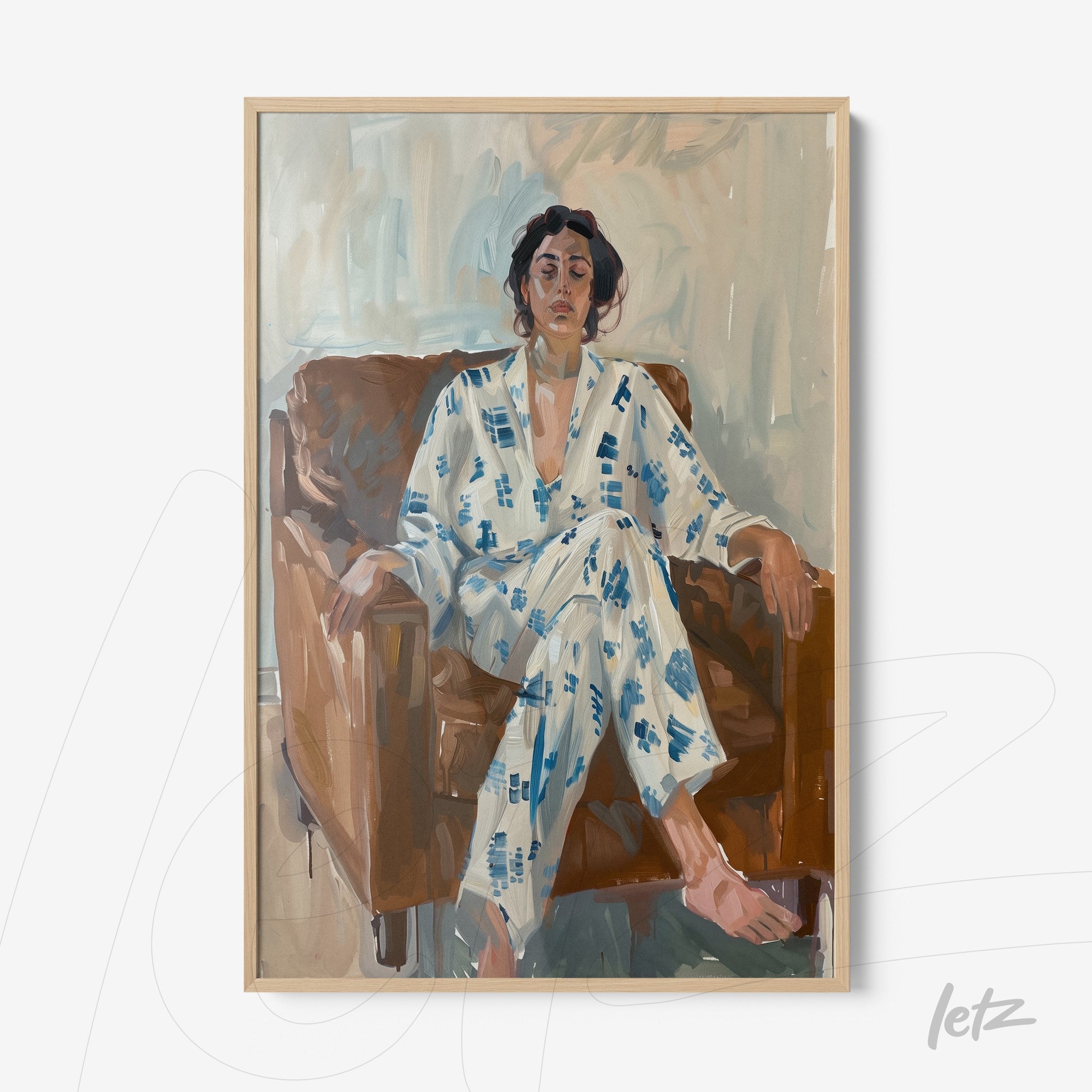 modern style framed artwork depicting a seated woman in a brown sofa, wearing a white robe with blue pattern