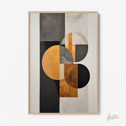 abstract wall art featuring black, gray, and gold tones with geometric shapes like circles and rectangles in a light wood frame