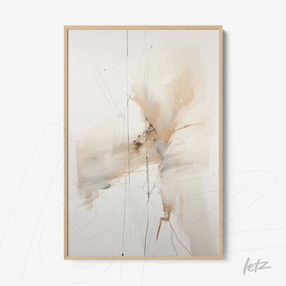 abstract art print in neutral tones with light wood frame