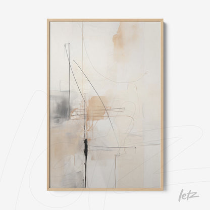 abstract artwork featuring geometric shapes in neutral tones and black lines, in a light wood frame