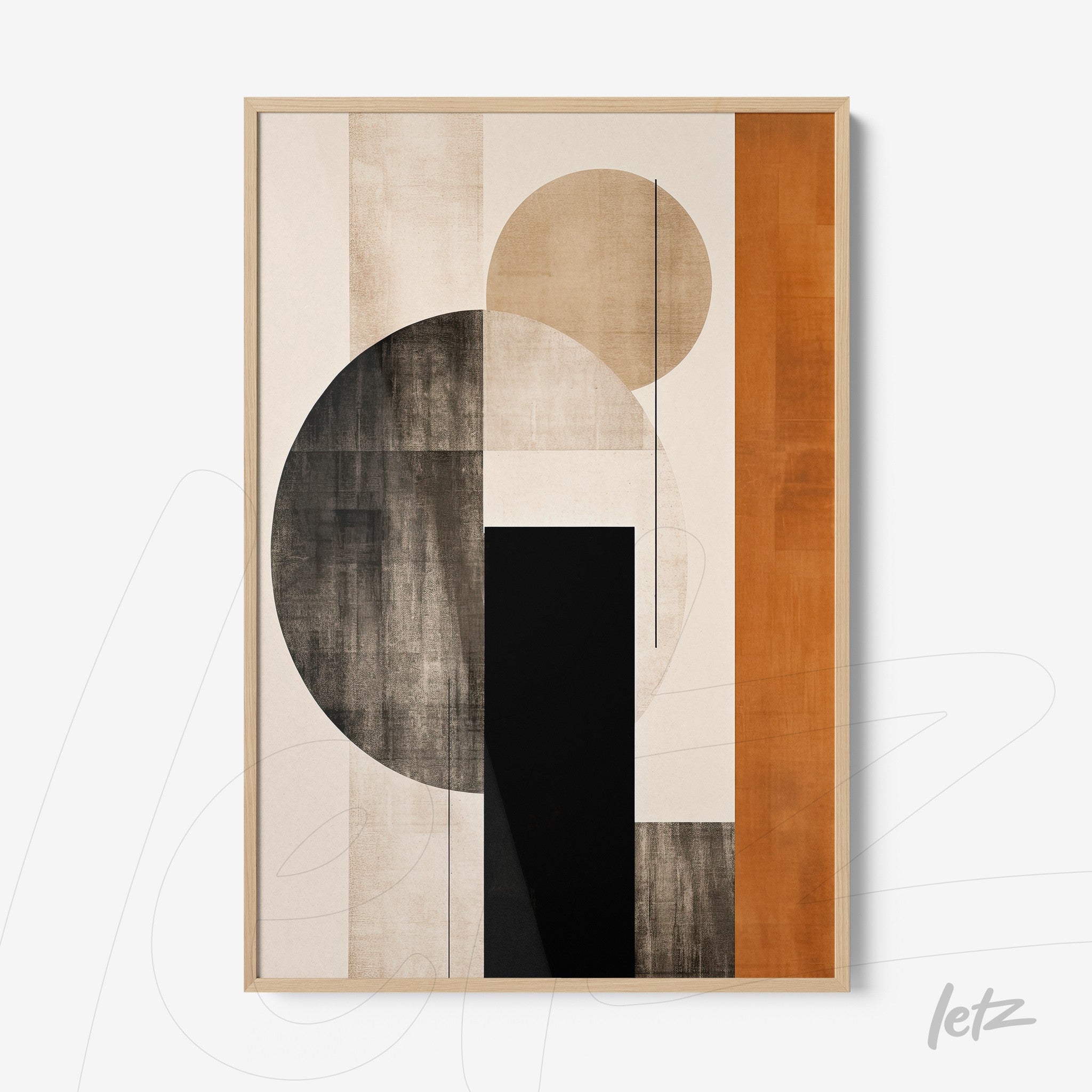 abstract wall art featuring geometric shapes in black, brown, and orange tones with light wood frame