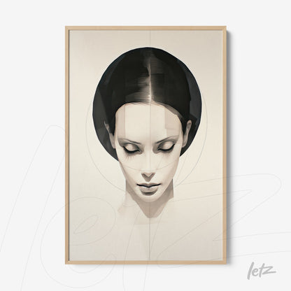 framed wall art featuring a digital illustration of a woman with minimalist features and light wood frame