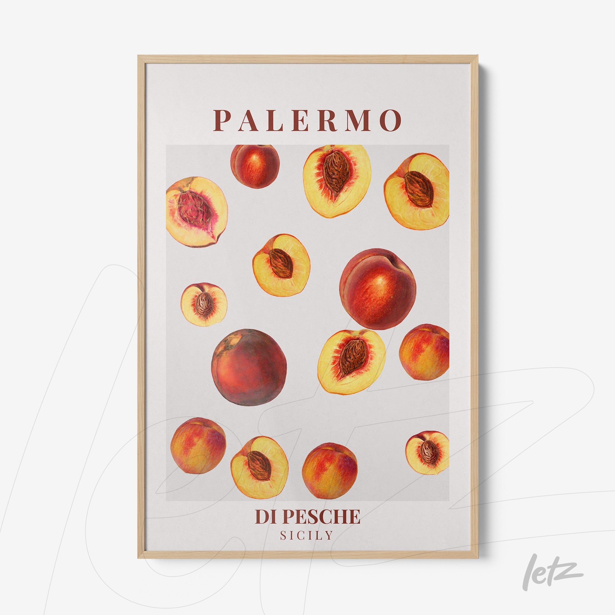 framed wall art featuring peach illustrations on a white background