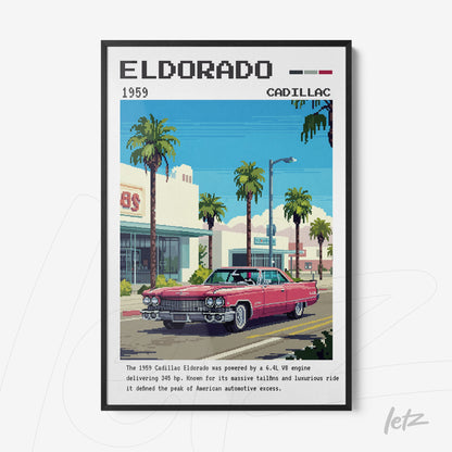 pixel art framed illustration of a 1959 Cadillac Eldorado cruising down a palm-lined street