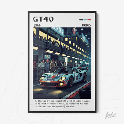 framed digital art of Ford GT40 racing car in a nighttime race setting with black frame