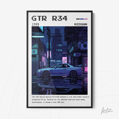 framed digital artwork of a GTR R34 car featured in a futuristic city at night with black frame