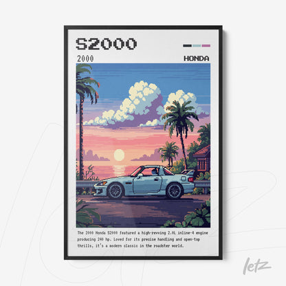 framed pixel art of a Honda S2000 with a tropical sunset background in black frame
