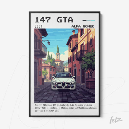 framed retro style digital art of an Alfa Romeo 147 GTA car on an Italian street