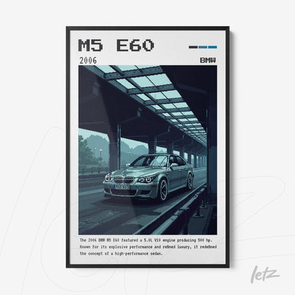 framed pixel art of the BMW M5 E60 car with a black frame