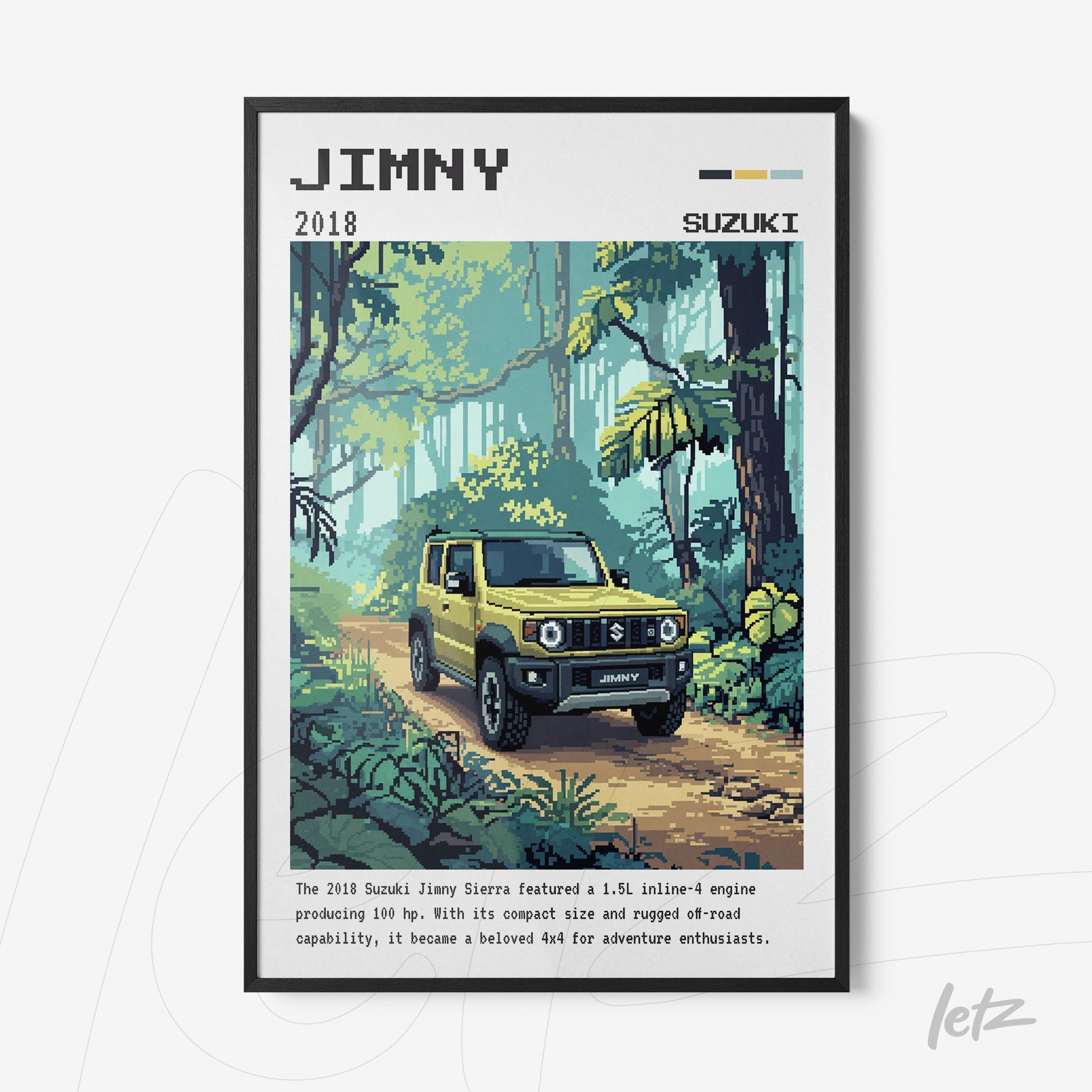 pixel art print of Suzuki Jimny in a tropical forest setting with green background