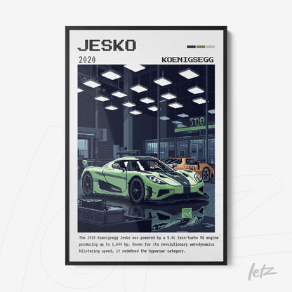 digital wall art of Jesko car in black frame featuring a modern garage background with dramatic lighting