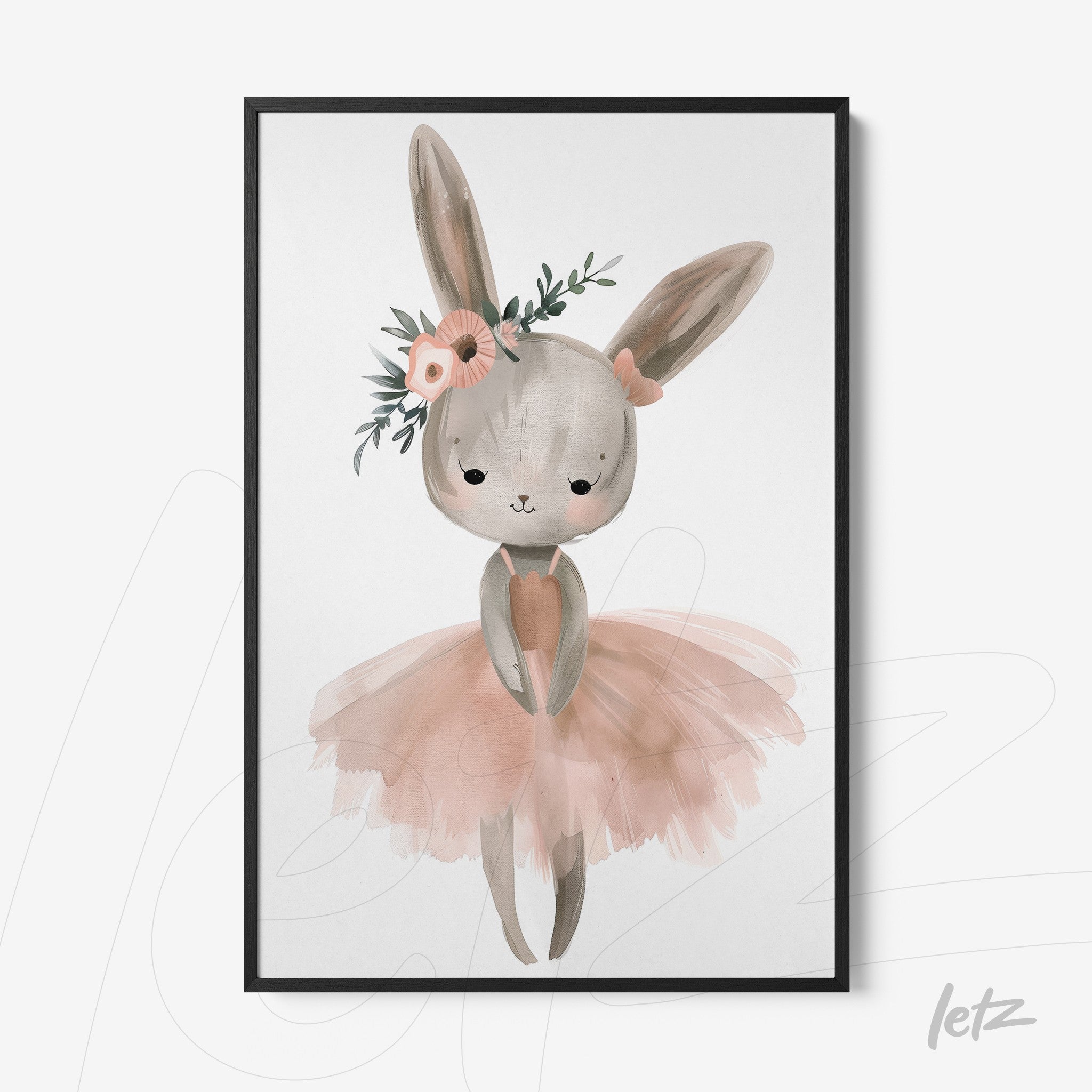 framed wall art featuring a soft illustration of a ballet bunny wearing a pink tutu and floral crown in a black frame