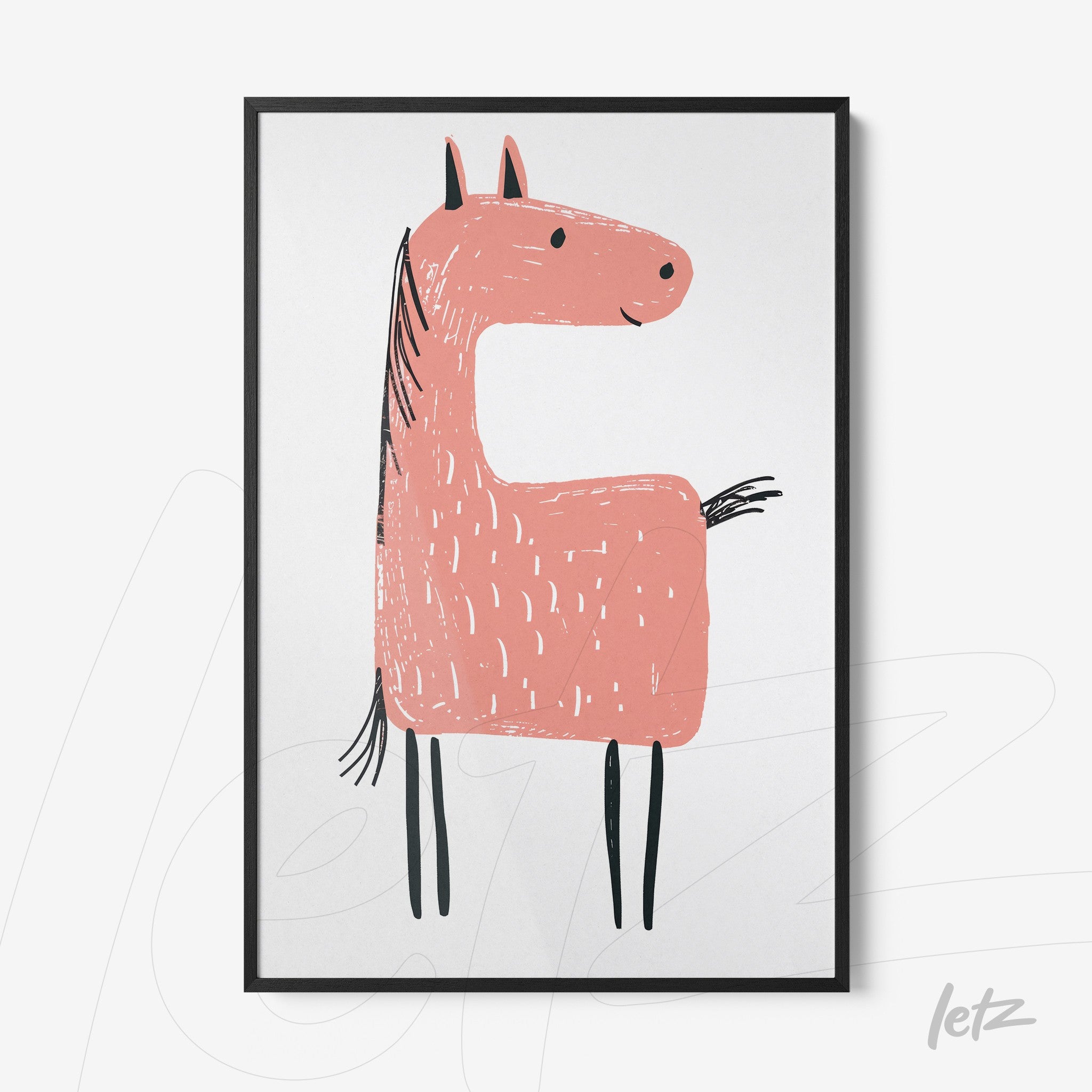 framed artwork of a stylized horse on a white background with a black frame