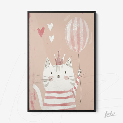 framed artwork of a cheerful cat holding a balloon against a light pink background with black frame
