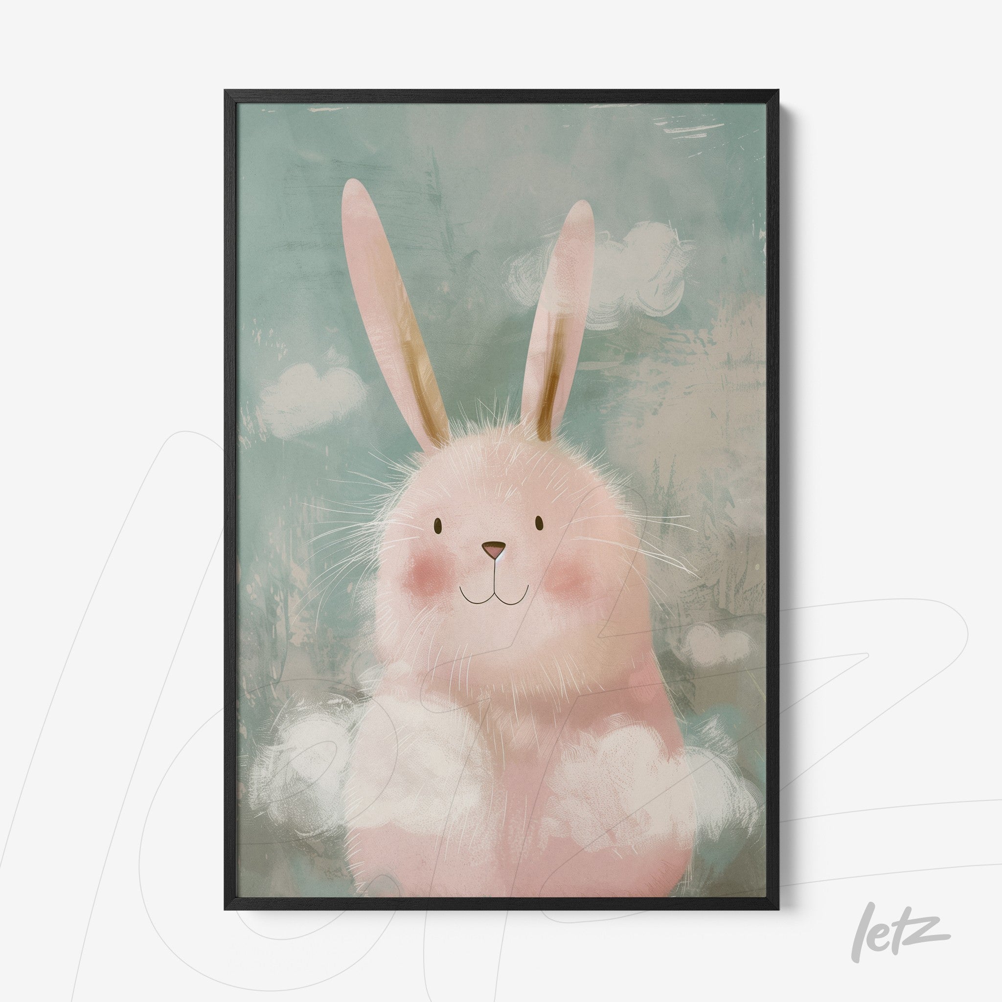 framed artwork of a cute bunny illustration against a light blue background