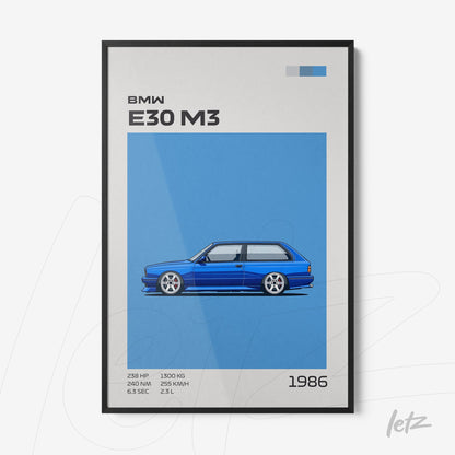 framed artwork featuring a stylized illustration of the BMW E30 M3 against a blue background with informative plates