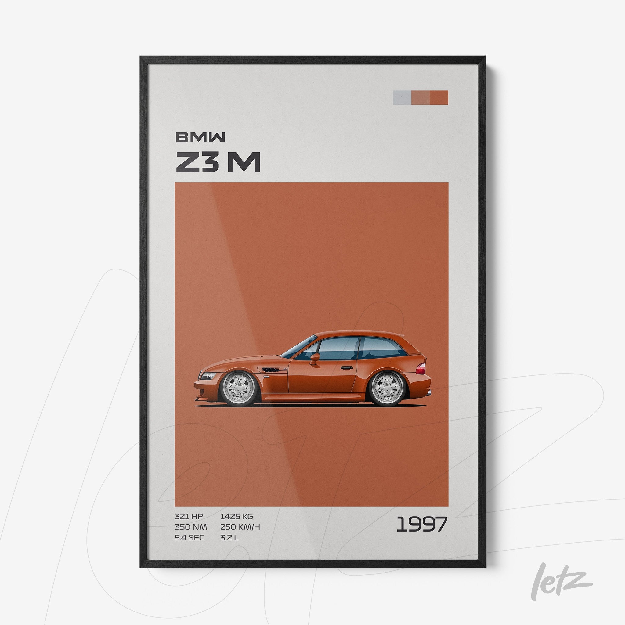 framed minimalist art of BMW Z3M car in black frame with orange background