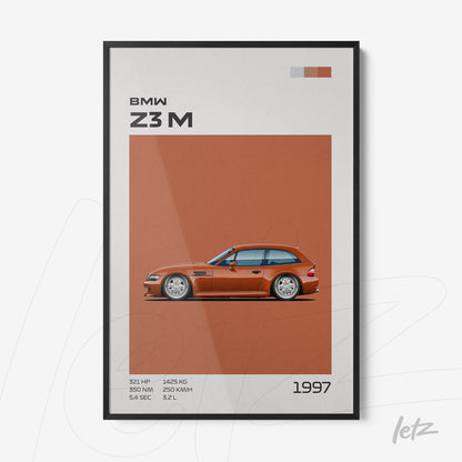 framed minimalist art of BMW Z3M car in black frame with orange background