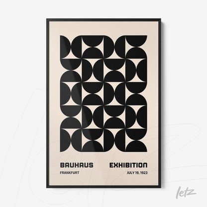 poster with black geometric art on beige background and slim black frame
