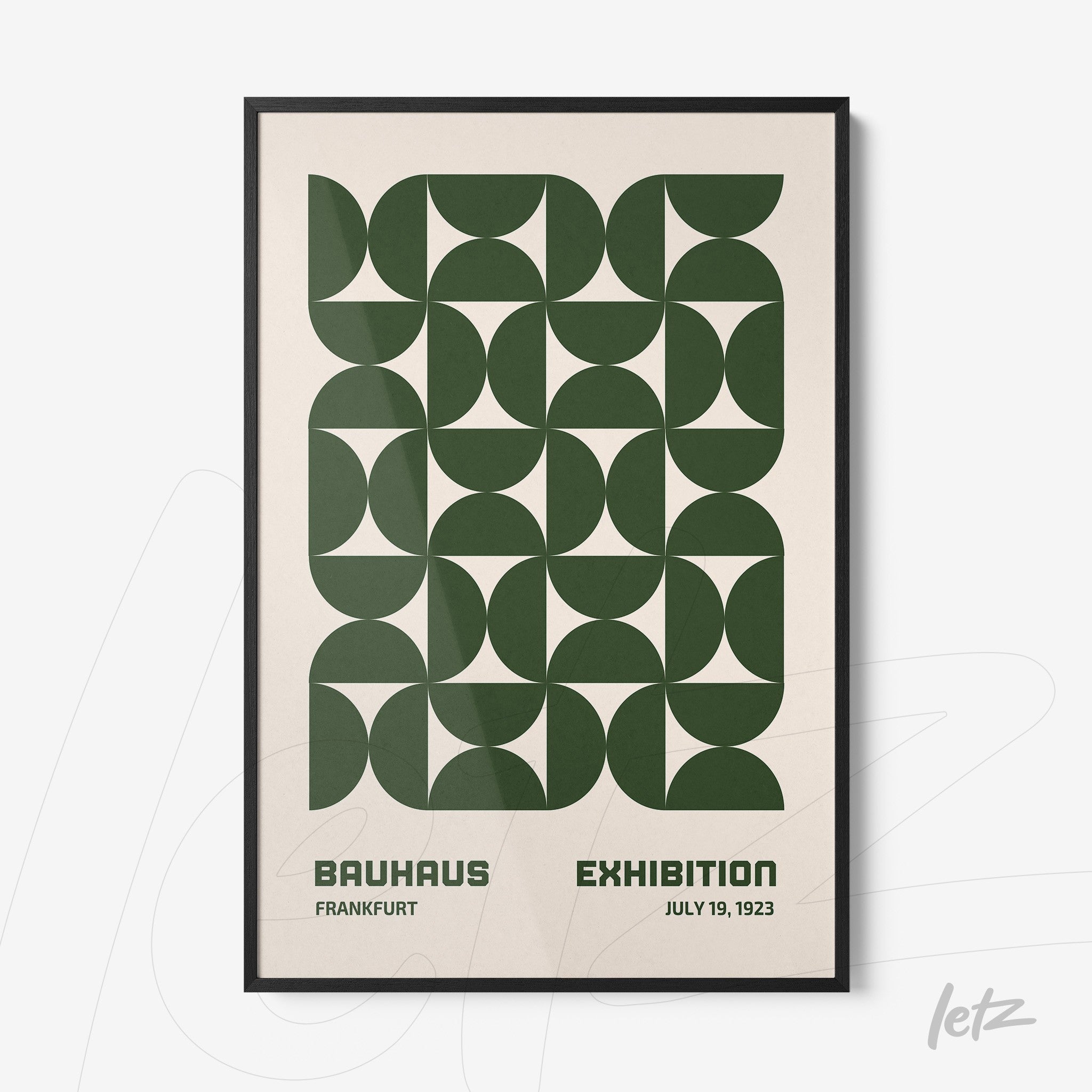 poster featuring green geometric design with thin black frame, displaying semicircular patterns and text about bauhaus exhibition