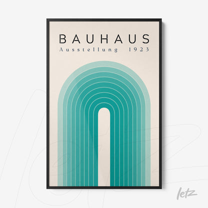 poster print featuring a stylized arch design in shades of blue with the text 'bauhaus ausstellung 1923' in a black frame