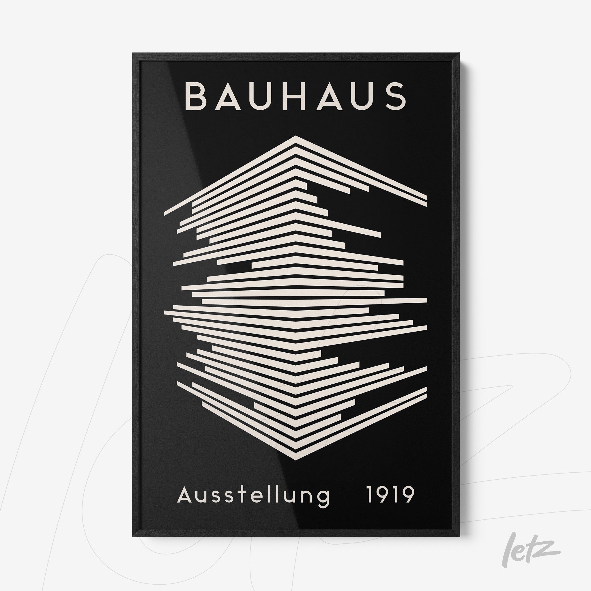 poster print featuring geometric Bauhaus design in white on black background with thin black frame