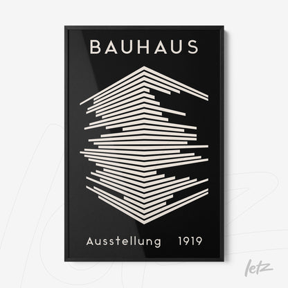 poster print featuring geometric Bauhaus design in white on black background with thin black frame