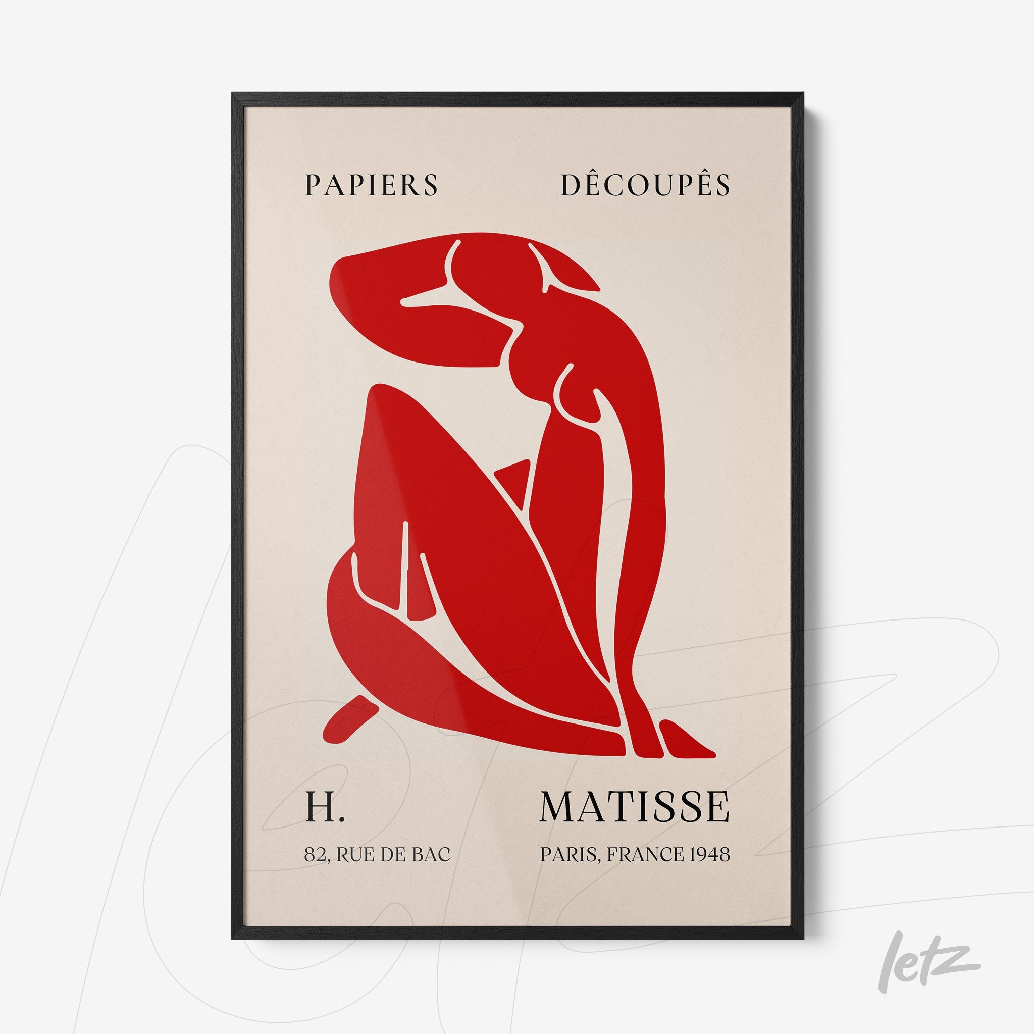 framed art print featuring a stylized red figure of a woman in a contemplative pose against a light background