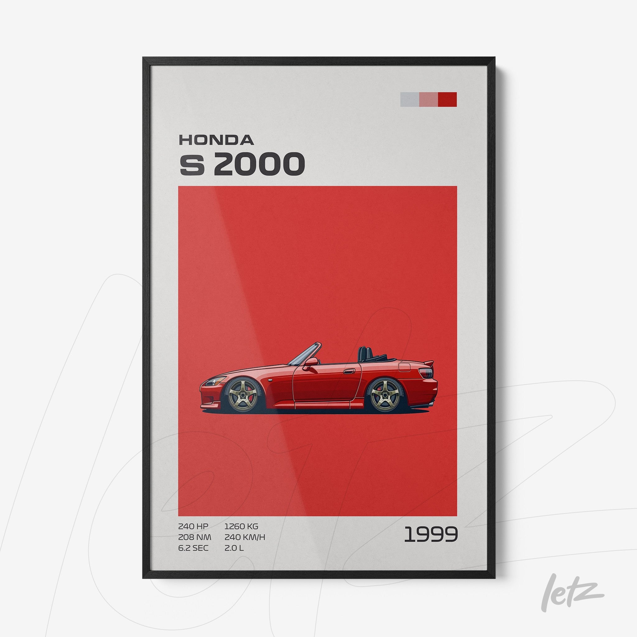 framed art featuring an illustration of a honda s2000 against a vibrant red background with black frame