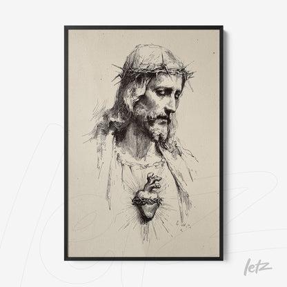framed artwork featuring a detailed illustration of Jesus Christ with a crown of thorns and sacred heart in a thin black frame