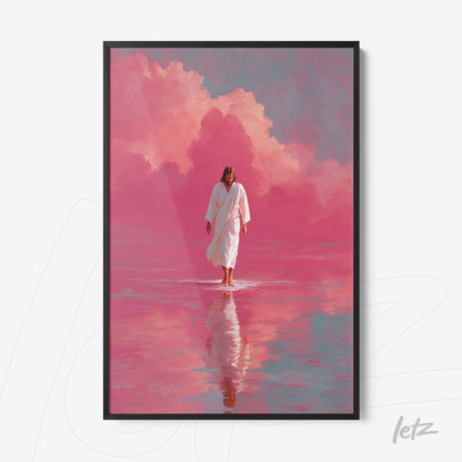 religious framed art of a figure in white robe walking on shimmering waters with a vibrant pink background