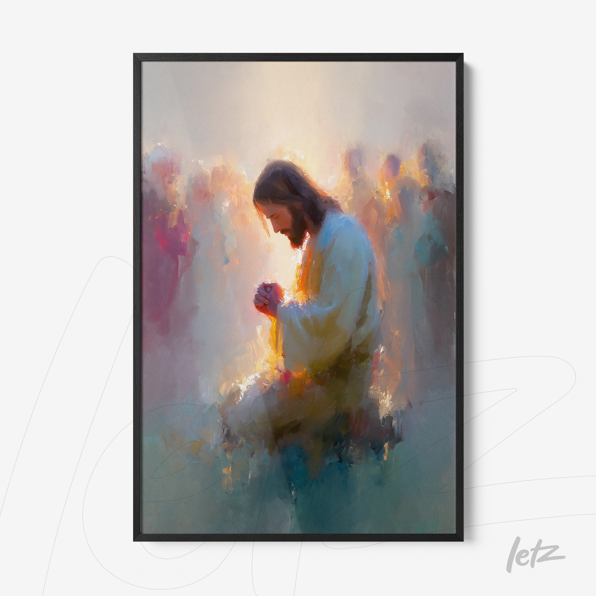 framed digital artwork of a religious figure kneeling in prayer with an ethereal background