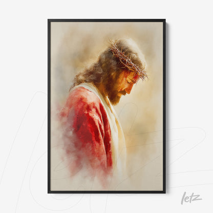 framed artwork of Jesus Christ wearing a crown of thorns with a black frame