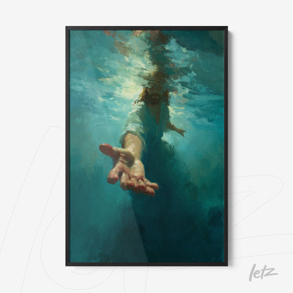 framed artwork featuring a hand emerging from water in shades of blue