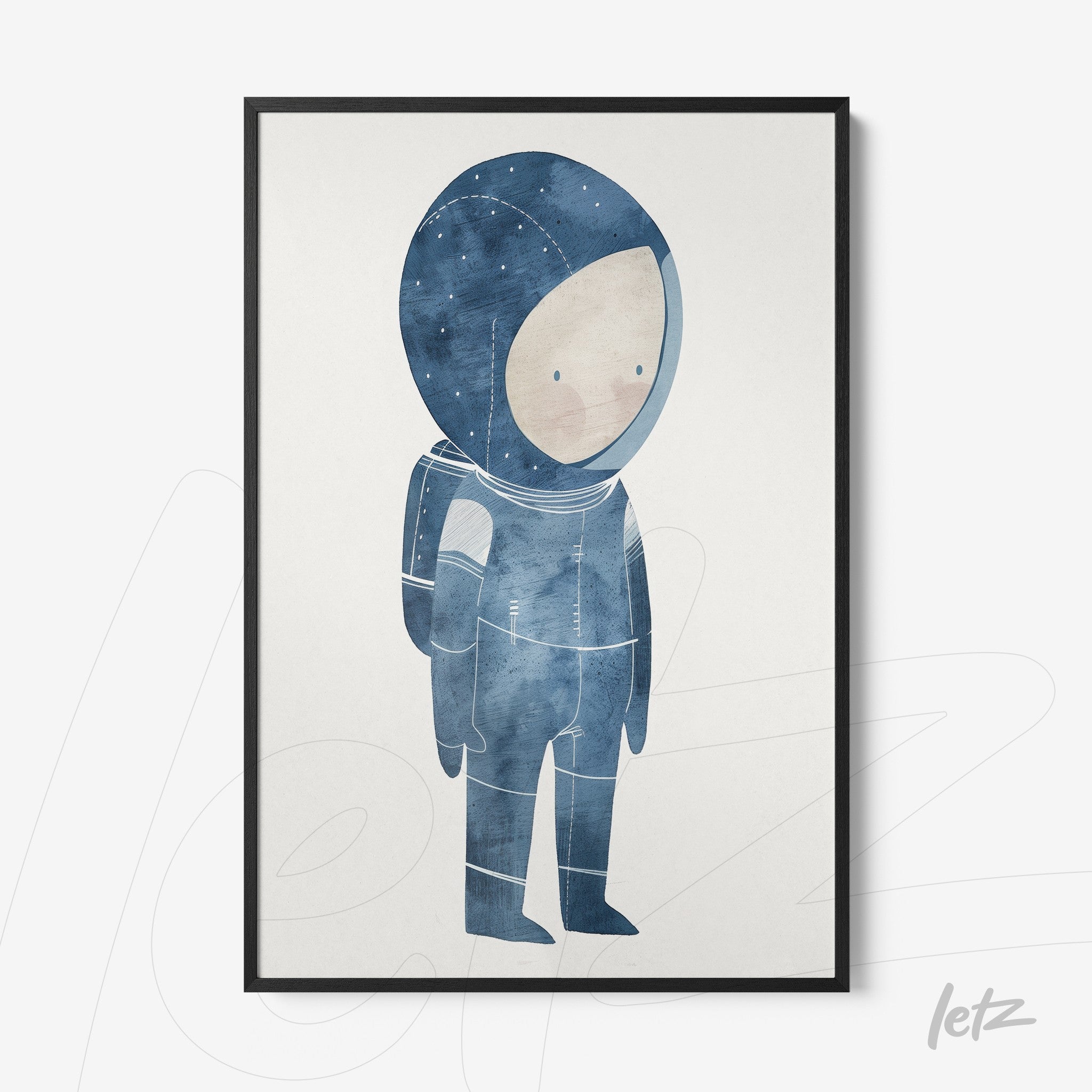 framed wall art featuring a blue astronaut illustration in soft watercolor style