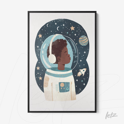 framed artwork of a young astronaut in space background featuring stars and planets