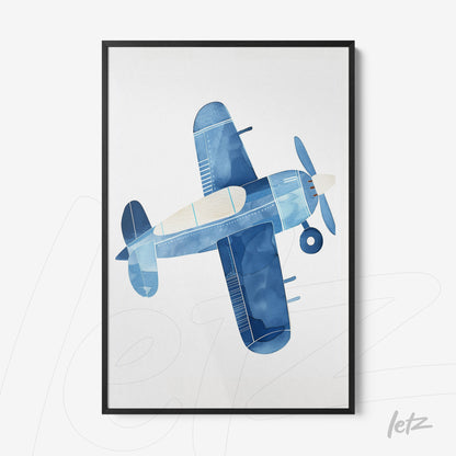 framed wall art featuring a blue airplane illustration with black frame