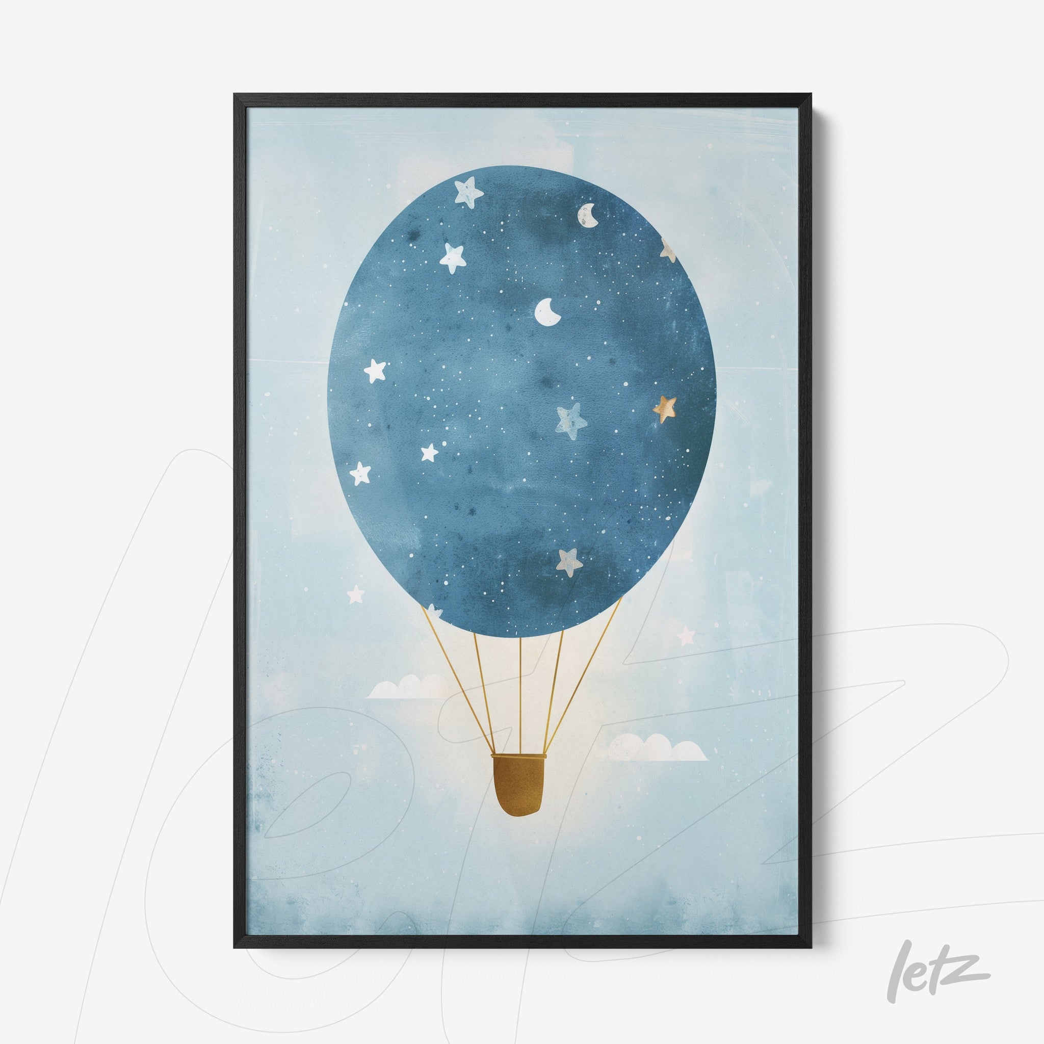framed artwork of a blue hot air balloon with stars and moon against a light background