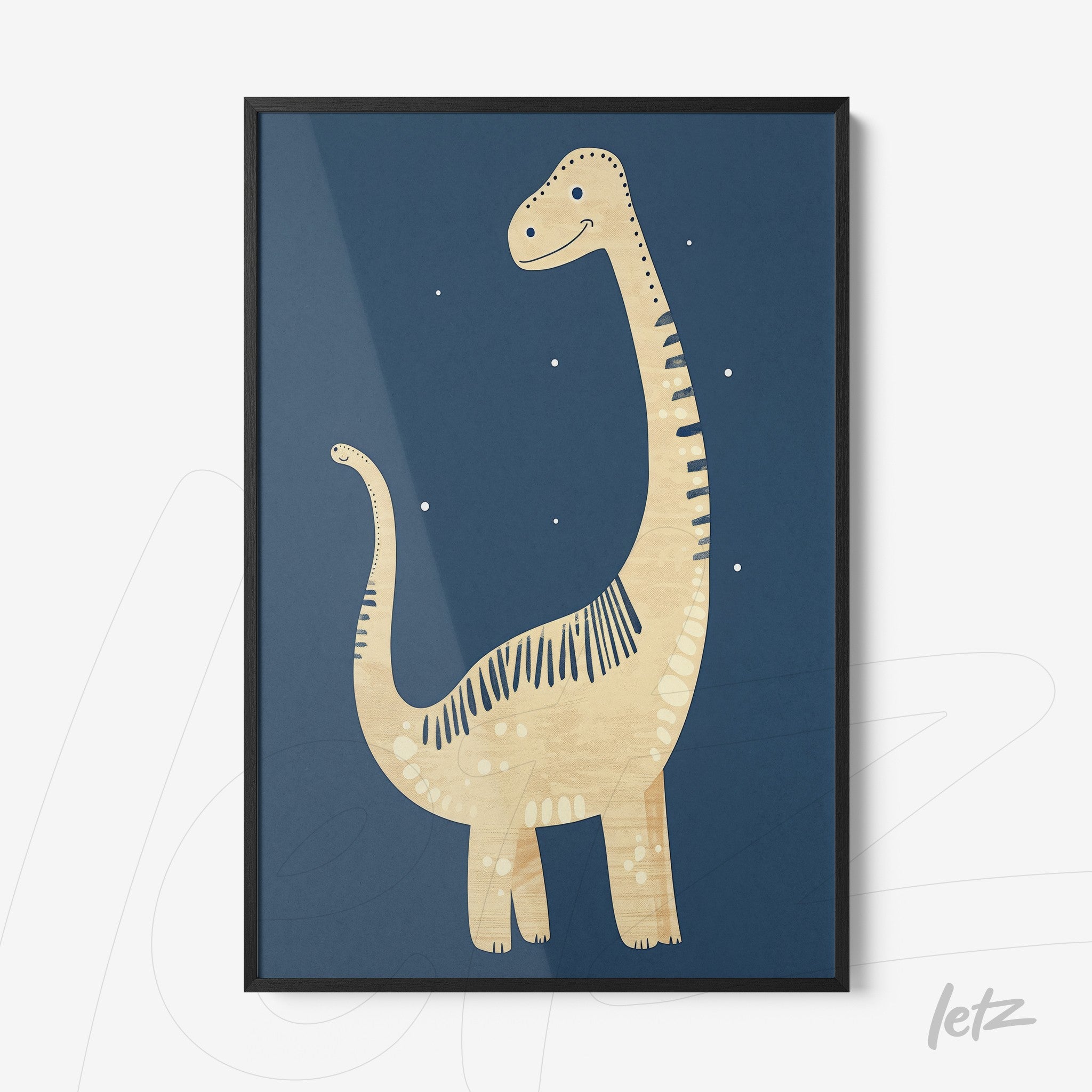 framed wall art featuring a yellow dinosaur illustration on dark blue background with black frame