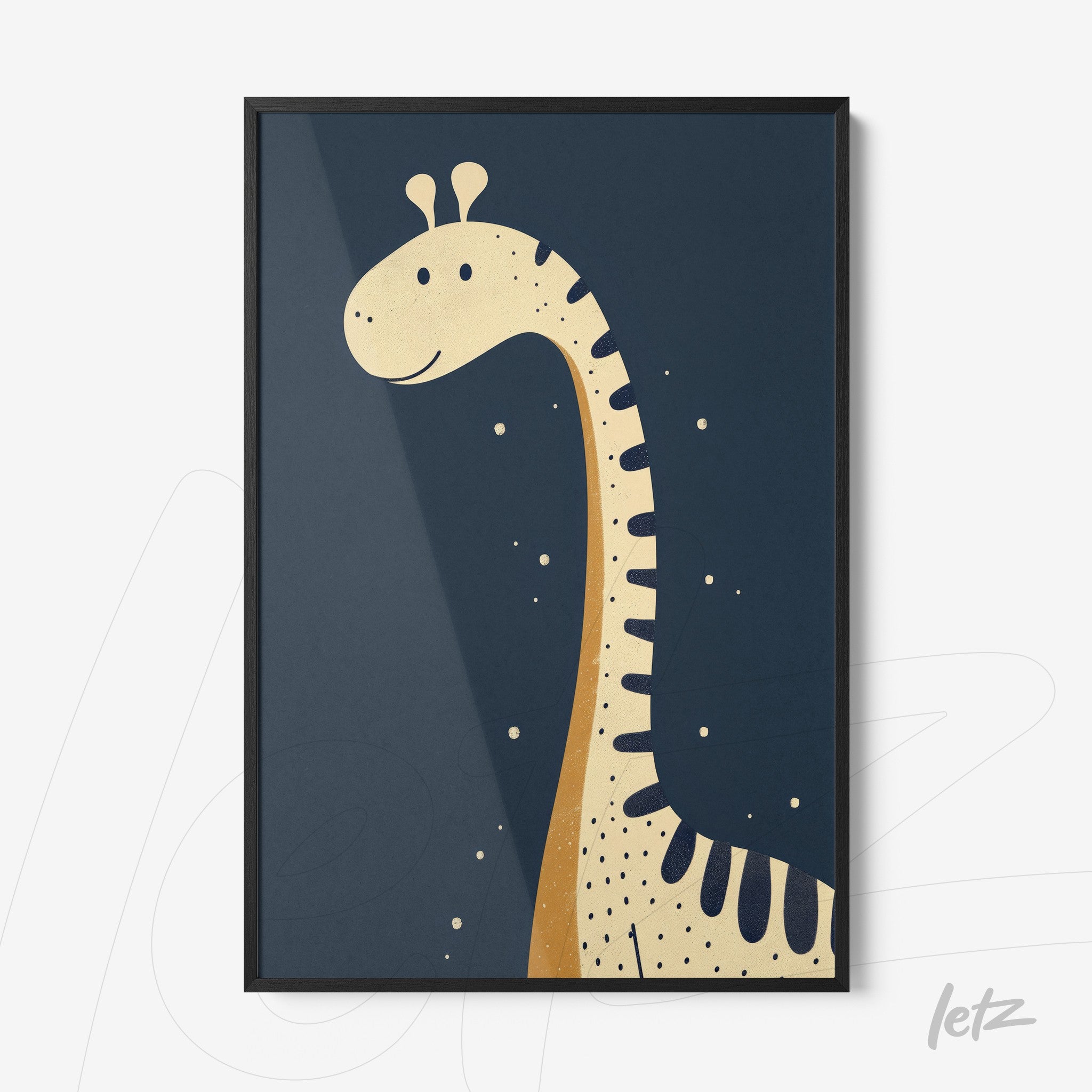 framed artwork featuring a giraffe illustration on dark blue background with black frame