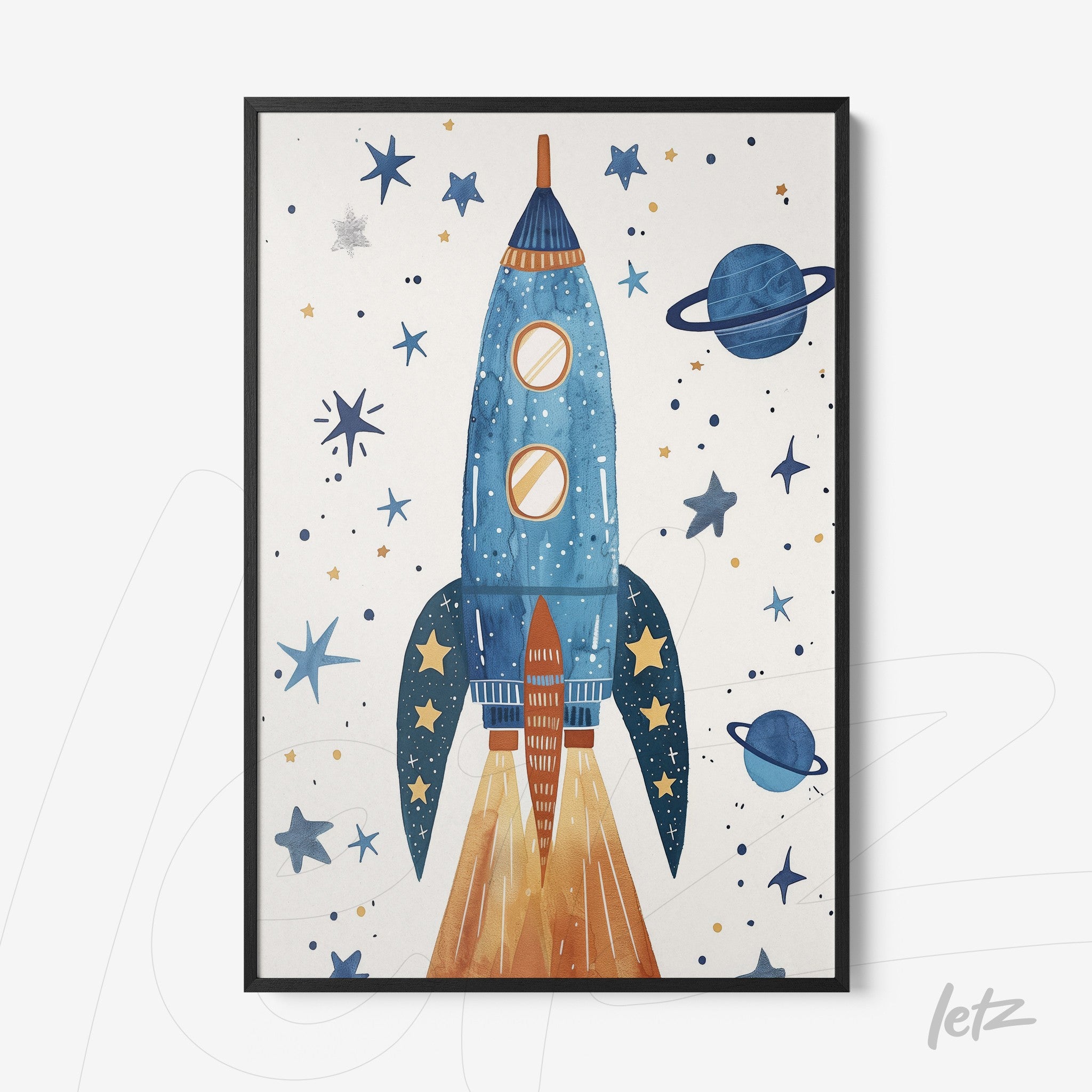 framed art print of a blue rocket launching amidst planets and stars on a light background