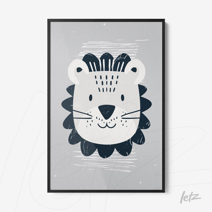 framed artwork featuring a stylized lion illustration on light grey background with black frame