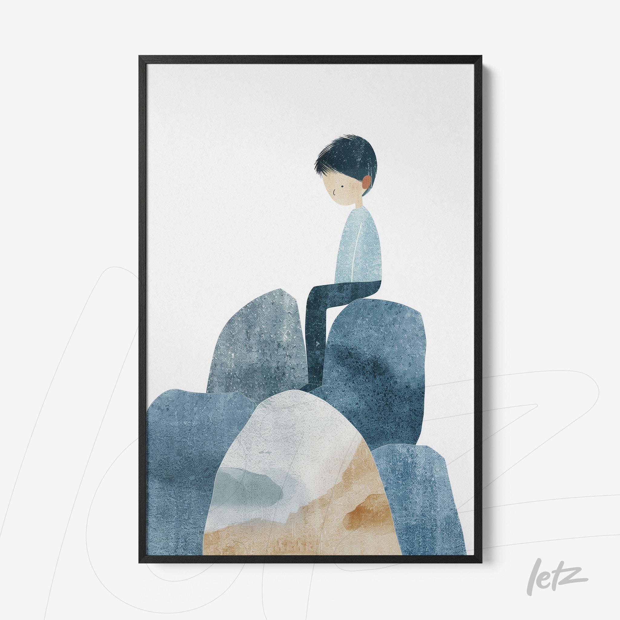 framed illustration of a boy sitting on rocks with a blue and earthy background