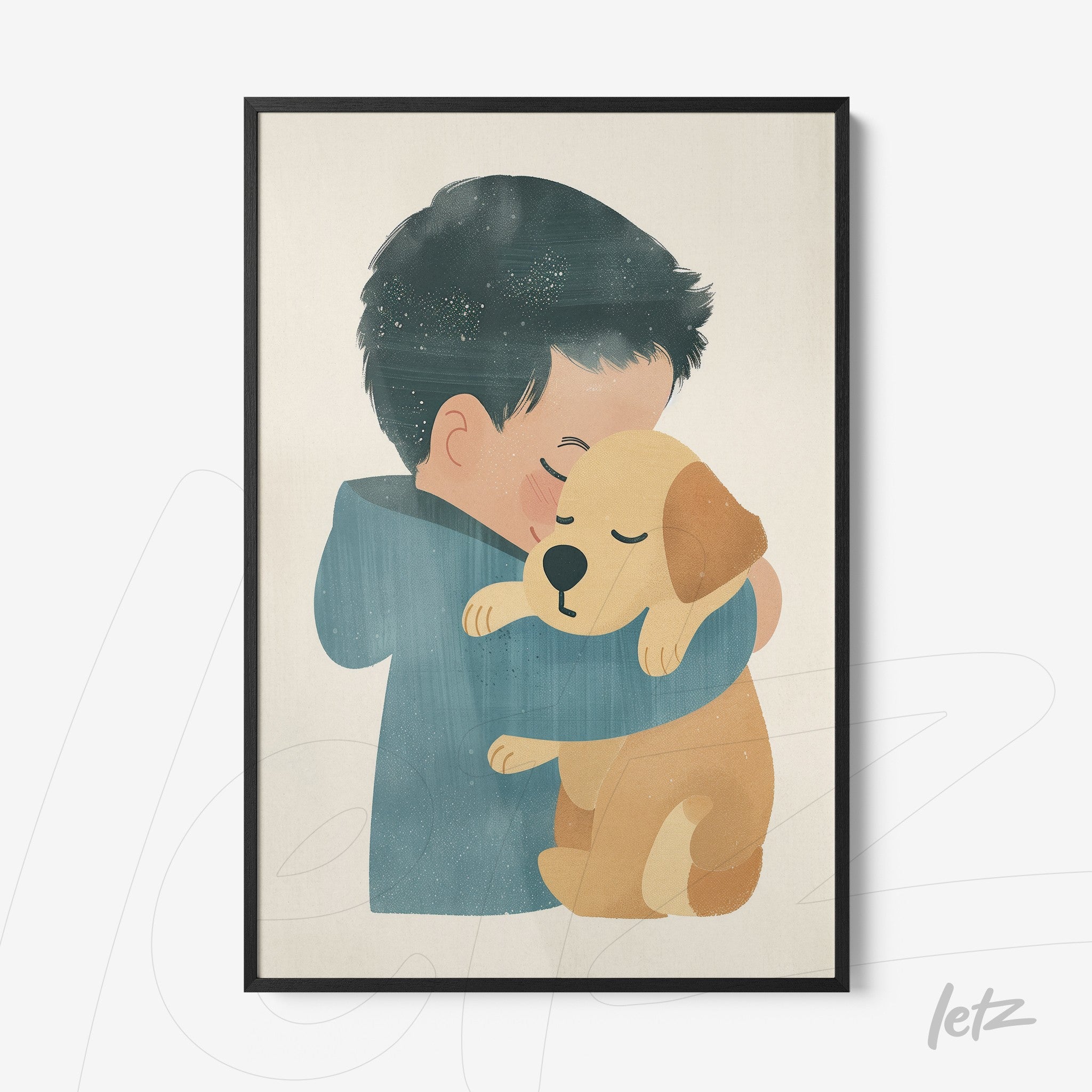 framed artwork featuring a boy hugging a puppy, with a light background and black frame