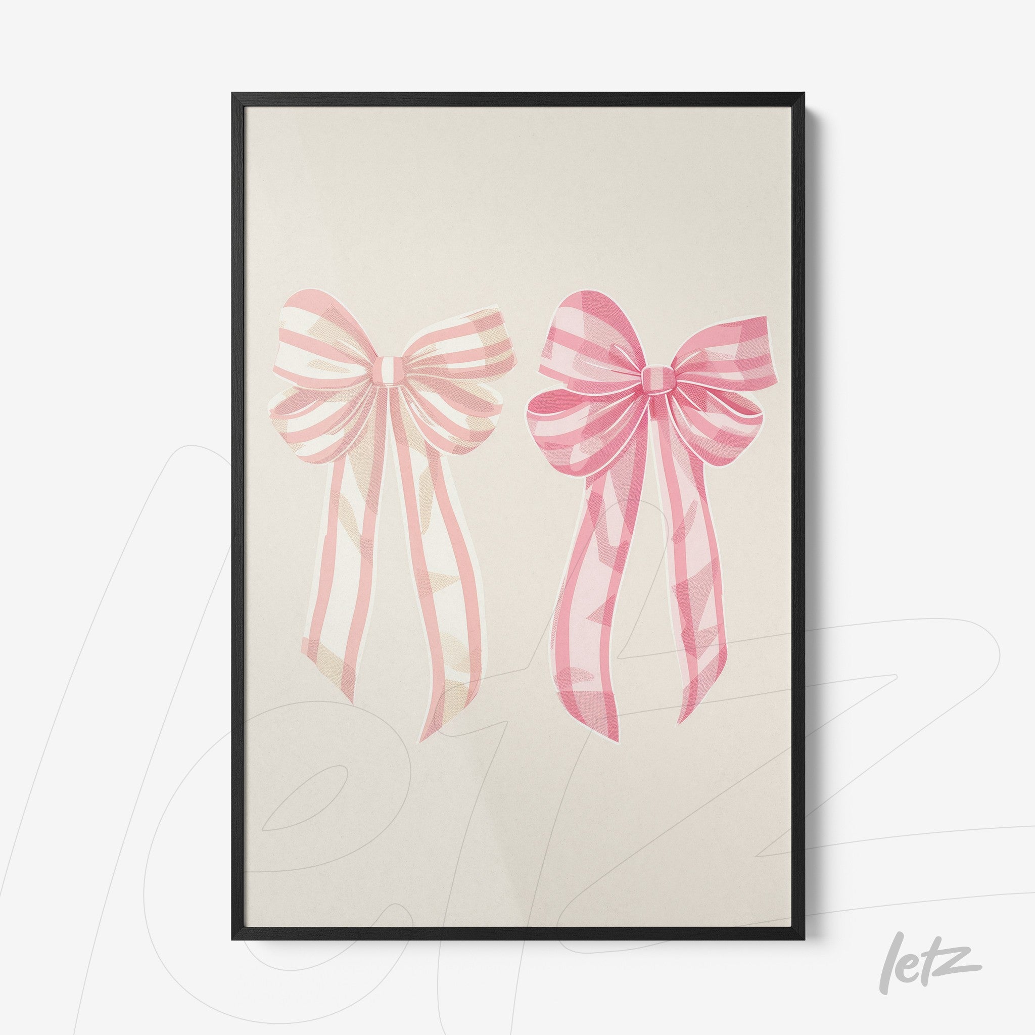 framed wall art featuring pink ribbon illustrations displayed in a black frame