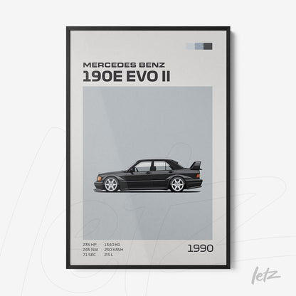 framed wall art featuring the mercedes benz 190e evo ii illustration with a black frame and gray background