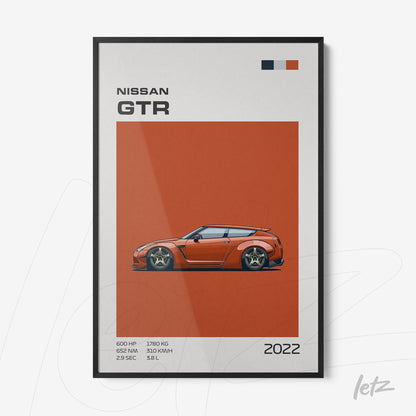 framed wall art featuring illustration of Nissan GTR on orange background with black frame
